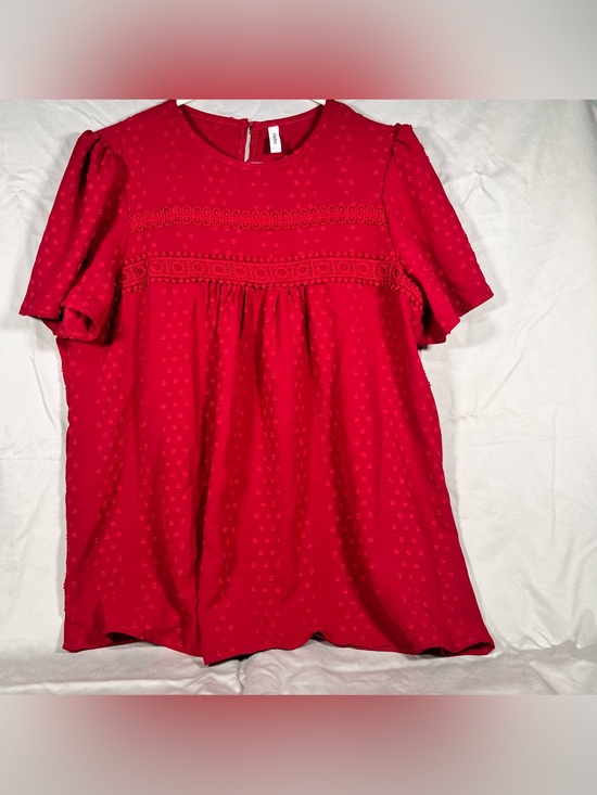 Tops - B-024 Red Swiss Dot Lace-Yoke Women’s Top